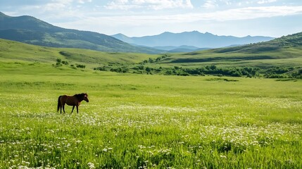 Poster - Beautiful solitary horse grazing in a lush green meadow with mountains in the background : Generative AI