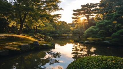 Poster - Serene Japanese Garden at Sunset Reflecting Tranquil Nature and Peaceful Vibes : Generative AI