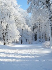 Poster - Snow covered peaceful winter landscape with bright sunlight reflecting off frosted trees : Generative AI