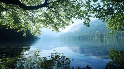 Poster - Serene Lake Surrounded by Lush Green Trees and Mountains Reflection Captured in Morning Light : Generative AI