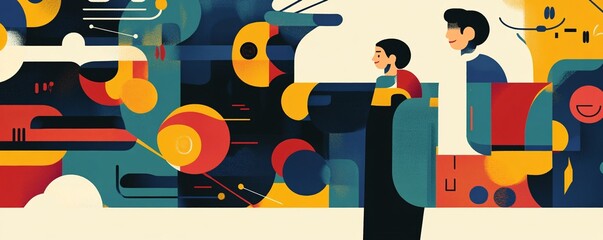 Poster - Two people walking past abstract colorful shapes
