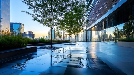 Aufkleber - Urban outdoor space with modern architecture surrounded by trees reflecting in water at sunset : Generative AI