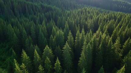 Poster - Aerial View of Dense Evergreen Forest Captured During Golden Hour : Generative AI