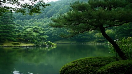 Poster - Serene Reflection of Trees in Calm Water Surrounded by Lush Green Hills and A Peaceful Landscape : Generative AI