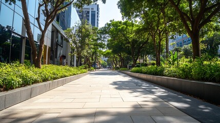 Poster - Lush Green Walkway Surrounded by Trees and Modern Architecture : Generative AI