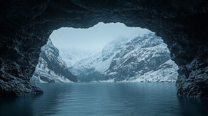 Canvas Print - Winter cave lake mountain view, snowy landscape