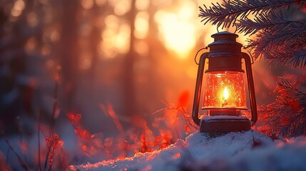 Canvas Print - Winter sunset, lantern in snowy forest; tranquil scene