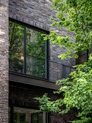 Aufkleber - Modern Architecture with Greenery Framing a Contemporary Building Featuring Large Windows : Generative AI