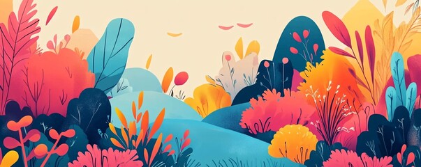Aufkleber - Colorful vibrant floral landscape illustration blooming with life