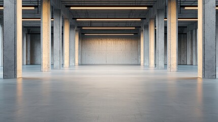 Poster - Modern Empty Warehouse Interior with Concrete Columns and Lighting