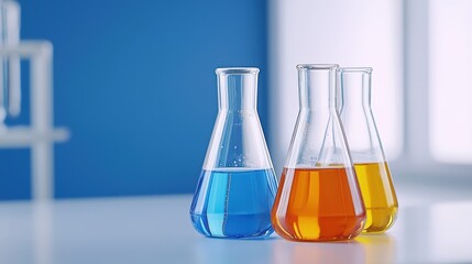 Poster - Colorful Laboratory Flasks with Chemical Solutions on Table