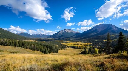 Poster - Breathtaking mountain valley landscape reflecting autumn colors under clear blue skies : Generative AI