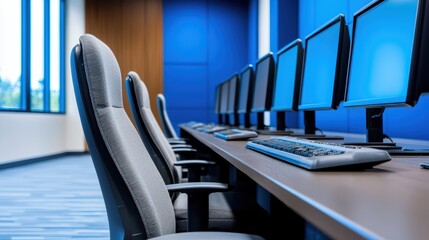 Poster - Modern office workspace with computer monitors and ergonomic chairs