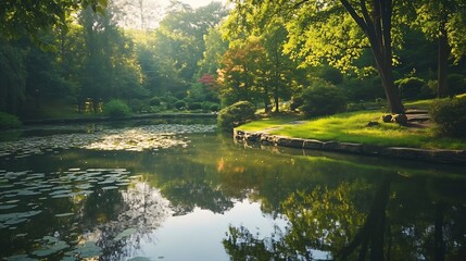 Poster - Lush Green Park with Calm Water and Reflections Surrounded by Dense Trees and Vibrant Foliage During Summer : Generative AI