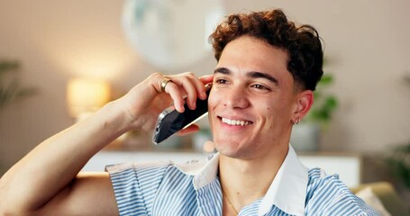 Aufkleber - Phone call, smile and thinking with man in living room of home for communication or conversation. Contact, relax or planning and happy person speaking with mobile on sofa in apartment for break