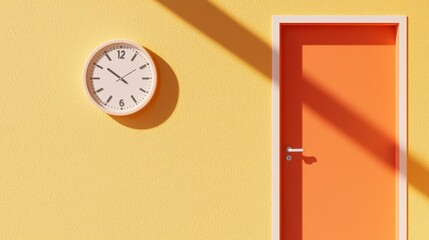 Poster - Vibrant Orange Door with Wall Clock Against Bright Yellow Background