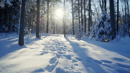 Aufkleber - Beautiful Sunlit Winter Forest Path with Fresh Snow and Gentle Sun Rays Shining Through Trees : Generative AI