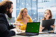 © DC Studio - Financial advisor developing budget for family using isolated screen laptop, managing their expenses and savings. Agent helping clients, allocating income to investments using mockup notebook