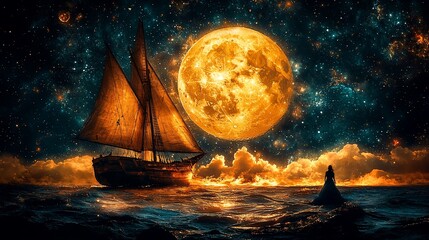 Canvas Print - Woman watches sailing ship under giant moon, starry night; fantasy art