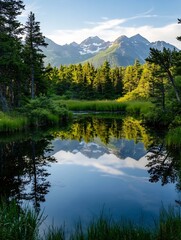 Poster - Tranquil Mountain Reflection in Serene Lake Surrounded by Forest : Generative AI