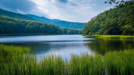 Aufkleber - Serene Lake Surrounded by Lush Green Forest and Majestic Mountains Under a Beautiful Sky : Generative AI