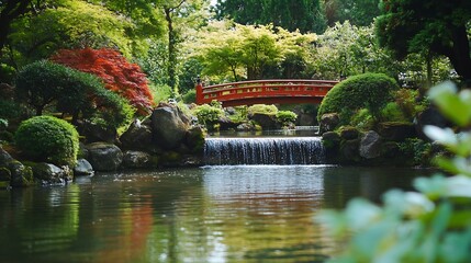 Poster - Serene Japanese Garden with a Tranquil Bridge and Cascading Waterfall Surrounded by Lush Greenery : Generative AI