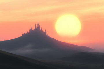 Wall Mural - A castle is in the distance with a large sun in the sky