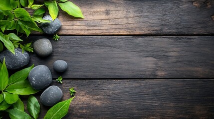 Poster - Natural river stones and vibrant green leaves on rustic wooden table background : Generative AI