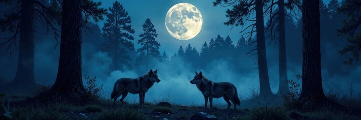  A Pack of Wolves Under a Full Moon in a Dark Forest at Night , Animal, Forest, Wildlife