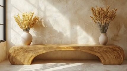 Poster - Wooden bench, pampas grass vases, sunlit room, interior design