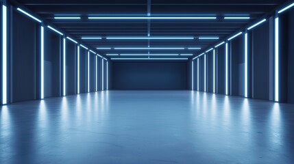 Poster - Futuristic Empty Room with Blue Neon Lights and Smooth Floor