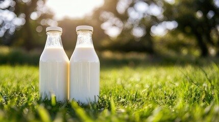 Wall Mural - Two glass bottles of milk placed on green grass under sunlight in a serene outdoor setting