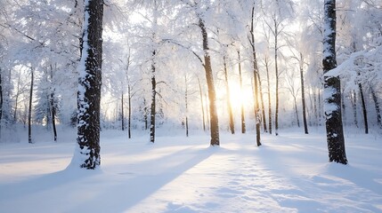 Aufkleber - Winter wonderland with snow-covered trees and sun rays peeking through : Generative AI