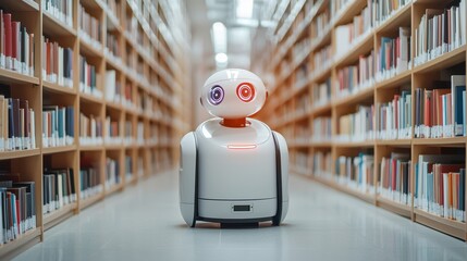 Poster - Friendly Robot in Library Surrounded by Colorful Bookshelves
