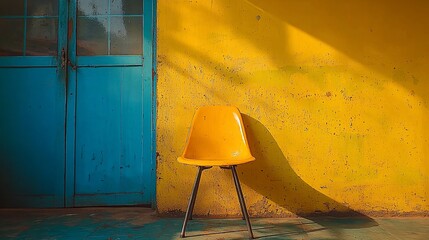 Poster - Yellow chair against vibrant yellow wall, blue door, sunlight