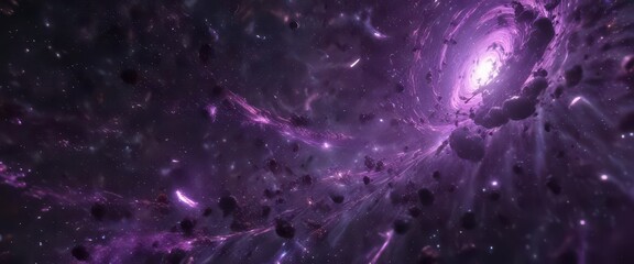 Swirling purple particles in space with mesh background,  cosmos, tech