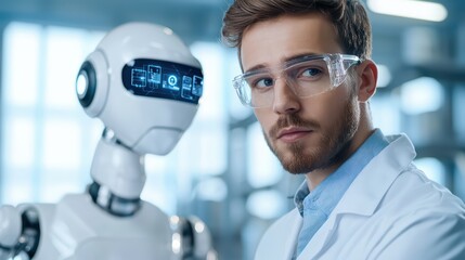 Poster - Young Scientist with Robot Companion in Modern Laboratory Setting