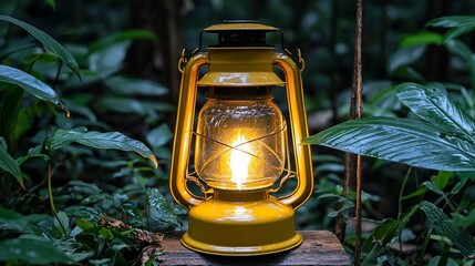 Canvas Print - Yellow lantern glows in dark jungle; exploration, adventure