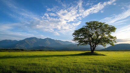 Poster - Serene landscape featuring a solitary tree in a lush green meadow under a blue sky with mountains : Generative AI