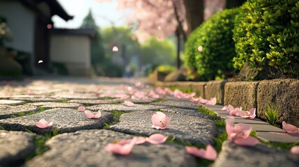 Wall Mural - Serene Pathway Lined with Cherry Blossom Petals in Tranquil Garden