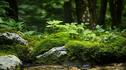 Poster - Lush green moss covering rocks near a gentle stream in a tranquil forest setting : Generative AI