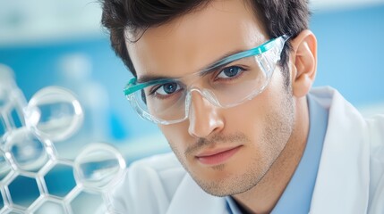 Poster - young scientist in laboratory with safety glasses and chemical structure