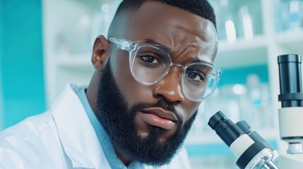Poster - professional male scientist analyzing sample with microscope