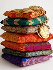 Aufkleber - Colorful traditional Indian cushions stacked beautifully with intricate designs and golden details : Generative AI