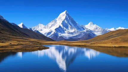 Poster - Majestic Snow-Capped Mountain Reflected in Serene Blue Lake