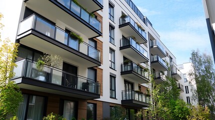 Aufkleber - Modern apartment building with balconies surrounded by greenery against blue sky : Generative AI