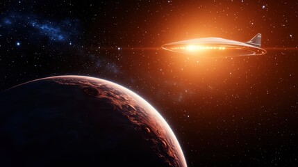 Poster - Futuristic Spaceship Over Orange Planet in Deep Space Environment