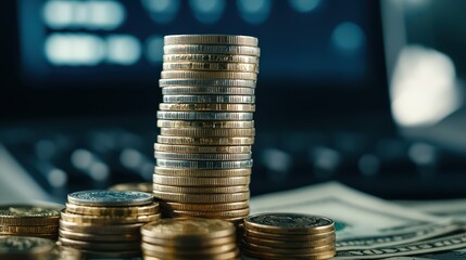 Poster - Stacked Coins and Dollar Bills on a Business Workspace Background