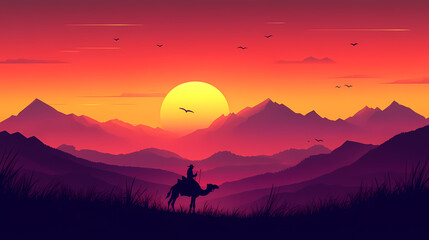 Wall Mural - Majestic sunset over desert landscape with nomad riding camel silhouette against backdrop of mountains, creating serene and evocative travel scene. Silhouette Nomads. Illustration