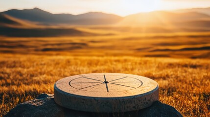 Poster - Scenic Compass on Rocky Surface Against Majestic Sunrise Horizon